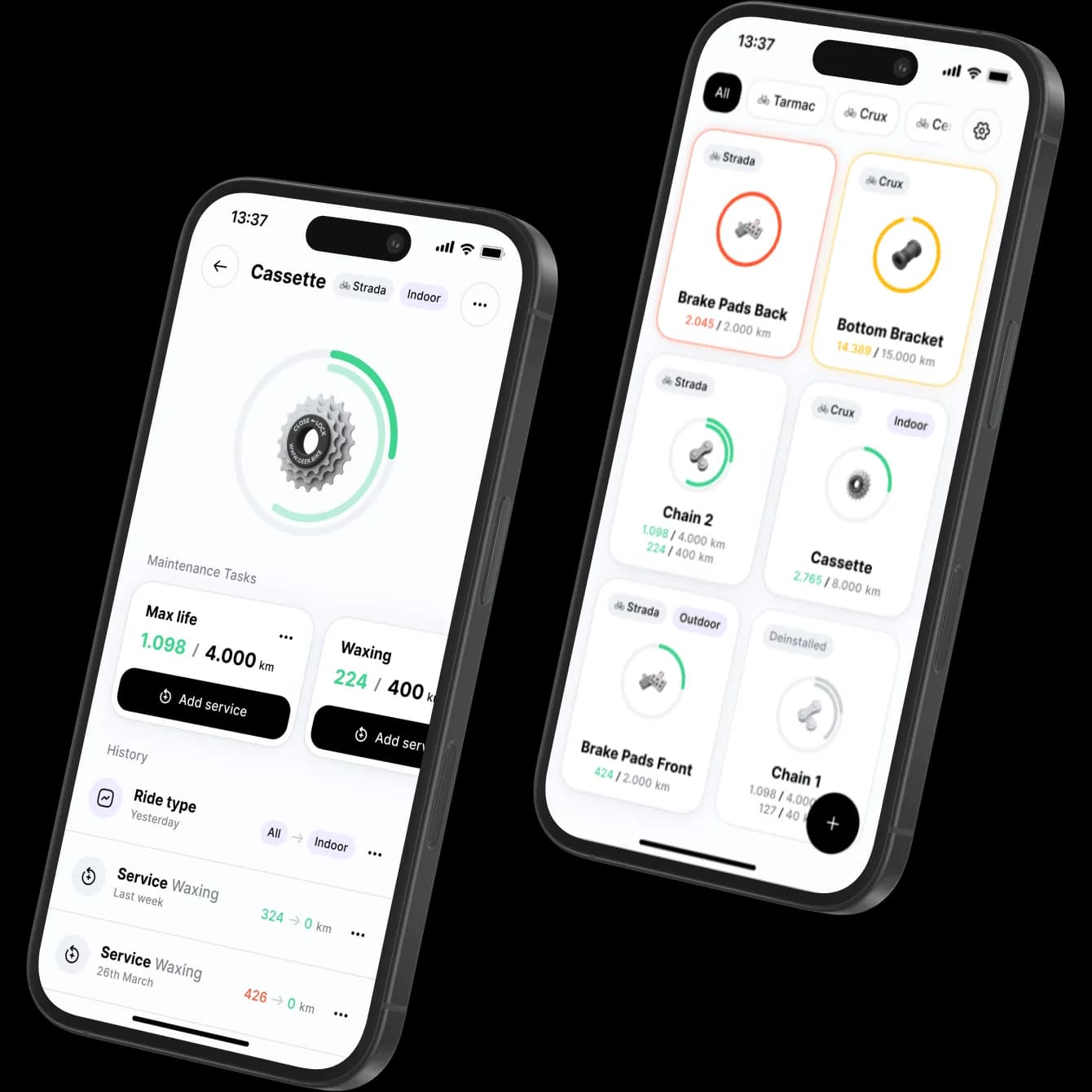 Geer bike maintenance tracker app showing component tracking and dashboard