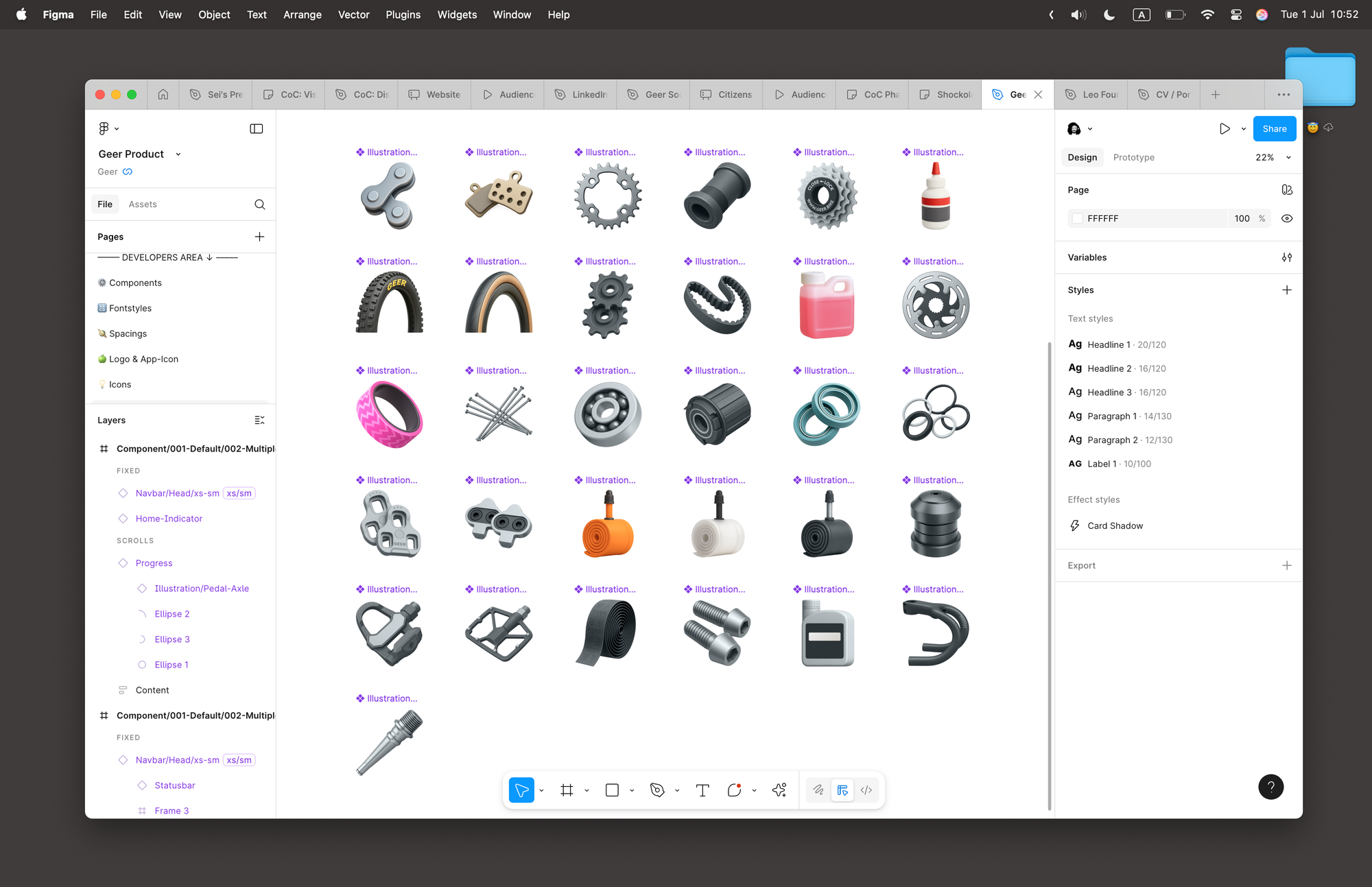 Grid of Geer's new 3D bike-part icons, including chains, cogs, tires, pedals, and bolts